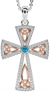 Diamond Topaz Rose Gold Silver Celtic Cross Trinity Knot Necklace