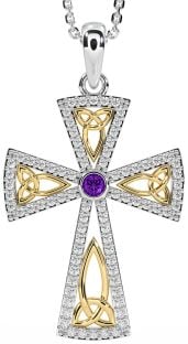 Diamond Amethyst Gold Silver Celtic Cross Trinity Knot Necklace