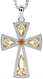 Diamond Citrine Gold Silver Celtic Cross Trinity Knot Necklace