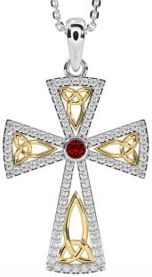 Diamond Garnet Gold Silver Celtic Cross Trinity Knot Necklace