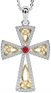 Diamond Ruby Gold Silver Celtic Cross Trinity Knot Necklace