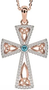 Diamond Aquamarine Rose Gold Silver Celtic Cross Trinity Knot Necklace