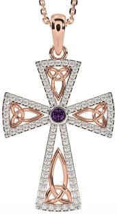 Diamond Alexandrite Rose Gold Silver Celtic Cross Trinity Knot Necklace