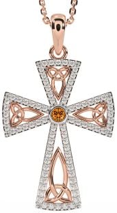 Diamond Citrine Rose Gold Silver Celtic Cross Trinity Knot Necklace