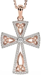 Diamond Rose Gold Silver Celtic Cross Trinity Knot Necklace