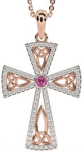 Diamond Pink Tourmaline Rose Gold Silver Celtic Cross Trinity Knot Necklace