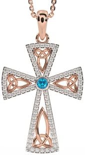 Diamond Topaz Rose Gold Silver Celtic Cross Trinity Knot Necklace