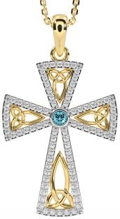 Diamond Aquamarine Gold Silver Celtic Cross Trinity Knot Necklace