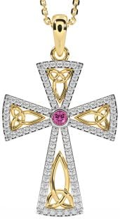 Diamond Pink Tourmaline Gold Silver Celtic Cross Trinity Knot Necklace