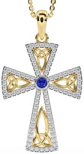 Diamond Sapphire Gold Silver Celtic Cross Trinity Knot Necklace