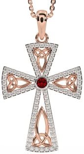 Diamond Garnet Rose Gold Celtic Cross Trinity Knot Necklace