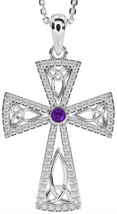 Diamond Amethyst Silver Celtic Cross Trinity Knot Necklace