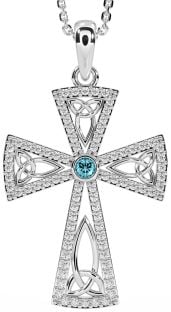 Diamond Aquamarine Silver Celtic Cross Trinity Knot Necklace