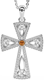 Diamond Citrine Silver Celtic Cross Trinity Knot Necklace