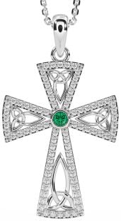 Diamond Emerald Silver Celtic Cross Trinity Knot Necklace