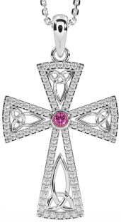 Diamond Pink Tourmaline Silver Celtic Cross Trinity Knot Necklace