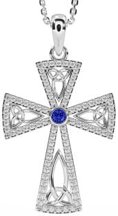 Diamond Sapphire Silver Celtic Cross Trinity Knot Necklace