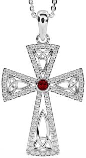 Diamond Garnet White Gold Celtic Cross Trinity Knot Necklace