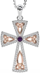 Diamond Alexandrite White Rose Gold Celtic Cross Trinity Knot Necklace