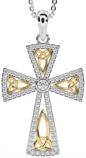 Diamond White Yellow Gold Celtic Cross Trinity Knot Necklace