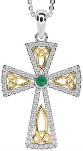 Diamond Emerald White Yellow Gold Celtic Cross Trinity Knot Necklace