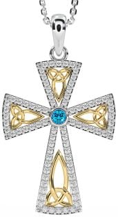 Diamond Topaz White Yellow Gold Celtic Cross Trinity Knot Necklace