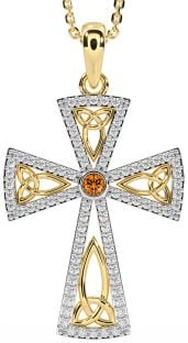 Diamond Citrine Gold Celtic Cross Trinity Knot Necklace