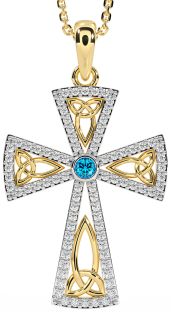 Diamond Topaz Gold Celtic Cross Trinity Knot Necklace