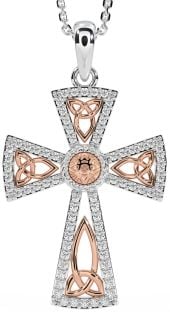 Diamond Rose Gold Silver Celtic Cross Trinity Knot Necklace