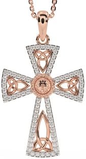 Diamond Rose Gold Silver Celtic Cross Trinity Knot Necklace