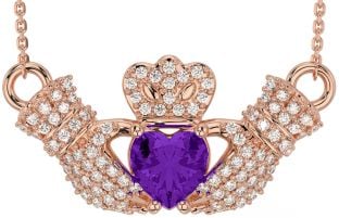 Diamond Amethyst Rose Gold Silver Claddagh Necklace