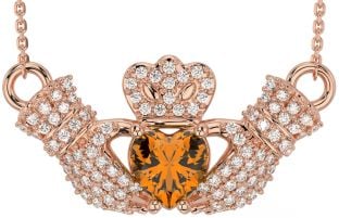 Diamond Citrine Rose Gold Silver Claddagh Necklace