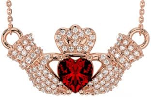 Diamond Garnet Rose Gold Silver Claddagh Necklace