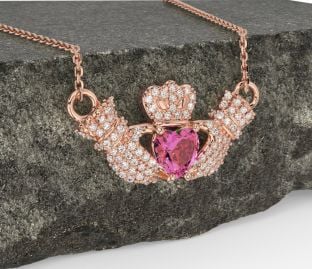 Diamond Pink Tourmaline Rose Gold Silver Claddagh Necklace