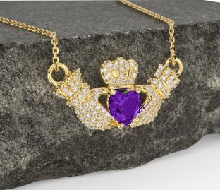 Diamond Amethyst Gold Silver Claddagh Necklace
