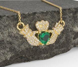 Diamond Emerald Gold Silver Claddagh Necklace