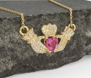 Diamond Pink Tourmaline Gold Silver Claddagh Necklace