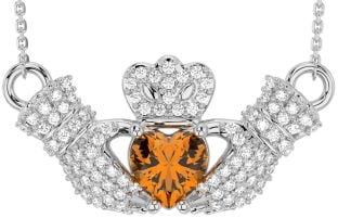 Diamond Citrine Silver Claddagh Necklace