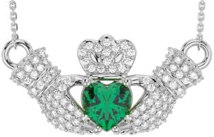 Diamond Emerald Silver Claddagh Necklace