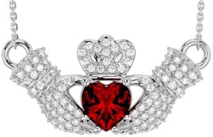 Diamond Garnet Silver Claddagh Necklace