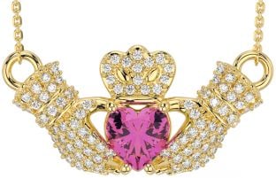 Diamond Pink Tourmaline Gold Claddagh Necklace