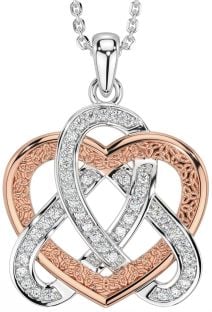 Diamond Rose Gold Silver Celtic Trinity Knot Heart Necklace