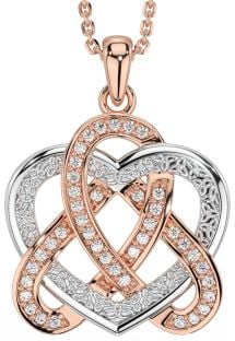 Diamond Rose Gold Silver Celtic Trinity Knot Heart Necklace