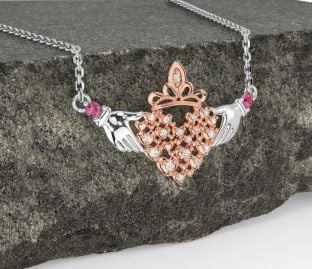 Diamond Pink Tourmaline Rose Gold Silver Claddagh Necklace