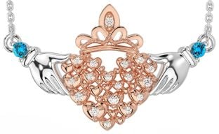 Diamond Topaz Rose Gold Silver Claddagh Necklace