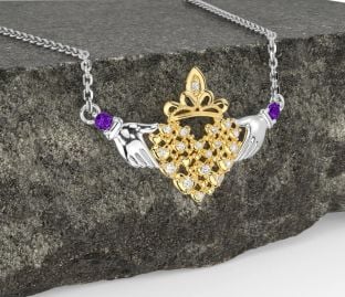Diamond Amethyst Gold Silver Claddagh Necklace
