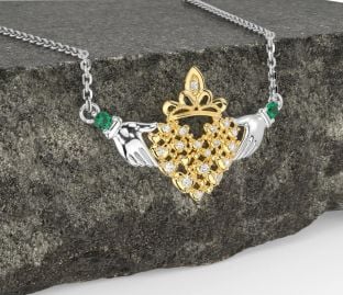 Diamond Emerald Gold Silver Claddagh Necklace