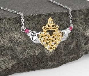 Diamond Pink Tourmaline Gold Silver Claddagh Necklace