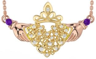 Diamond Amethyst Rose Yellow Gold & Silver Claddagh Necklace