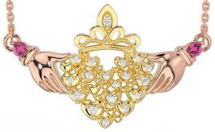 Diamond Pink Tourmaline Rose Yellow Gold & Silver Claddagh Necklace